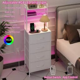 Tomnk Tall Nightstand With Charging Station, 47.4 Inch Led Night Stand With U-S-B Port & Socket, 4 PU Finished Fabric Storage Drawers, Office, Bed Side Table & Bookshelf In One, White