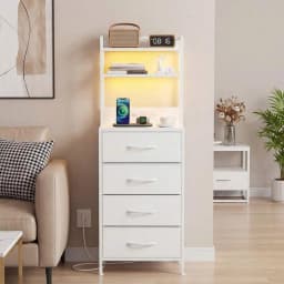 Tomnk Tall Nightstand With Charging Station, 47.4 Inch Led Night Stand With U-S-B Port & Socket, 4 PU Finished Fabric Storage Drawers, Office, Bed Side Table & Bookshelf In One, White