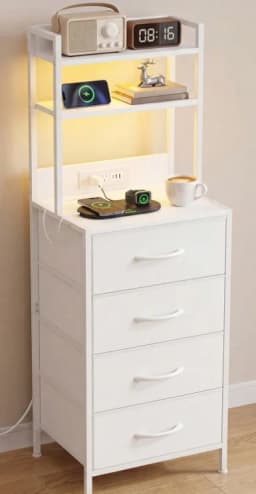 Tomnk Tall Nightstand With Charging Station, 47.4 Inch Led Night Stand With U-S-B Port & Socket, 4 PU Finished Fabric Storage Drawers, Office, Bed Side Table & Bookshelf In One, White