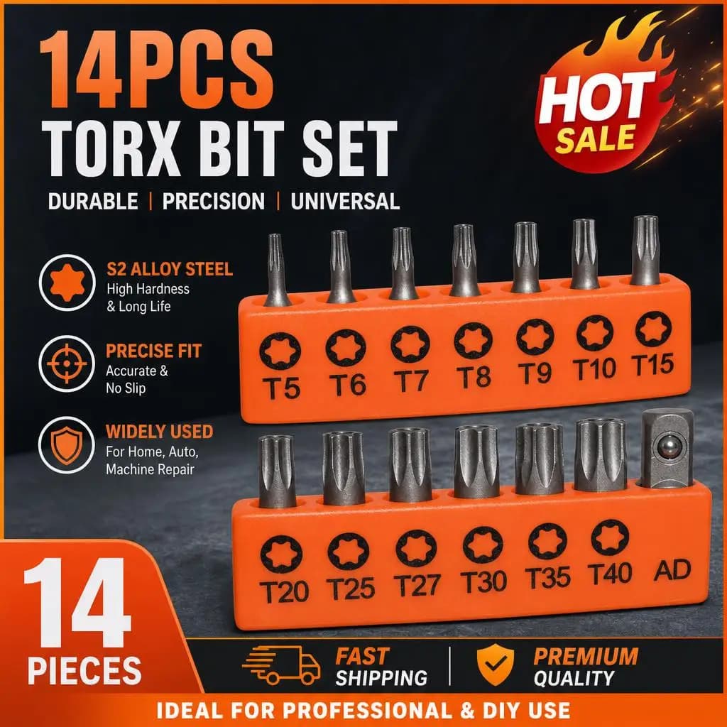 14-Piece S2 Alloy Steel Screwdriver Bit Set – 25mm Hollow Torx (Security) Bits with Storage Strip, Star Bits