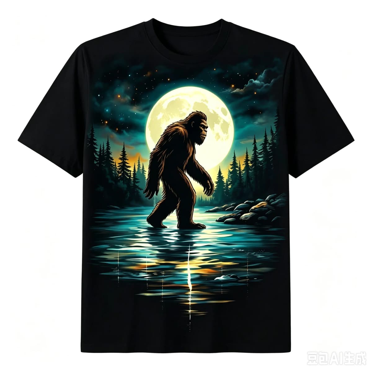Bigfoot Night Moon Forest Lake Graphic T‑Shirt, Sasquatch Wilderness Nature Novelty Tee, Casual Short Sleeve T‑Shirt For Men