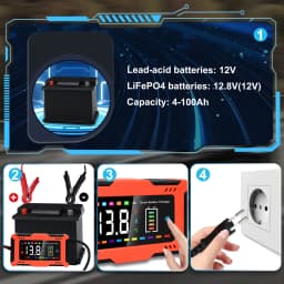 12V 6A Smart Car Battery Charger 9-Stage Automatic Charger 5-in-1 Modes for Car Start-Stop Motorcycle LiFePO4 Batteries with Repair Trickle Charge Temperature Compensation LED Display Safety Protection