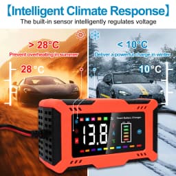 12V 6A Smart Car Battery Charger 9-Stage Automatic Charger 5-in-1 Modes for Car Start-Stop Motorcycle LiFePO4 Batteries with Repair Trickle Charge Temperature Compensation LED Display Safety Protection