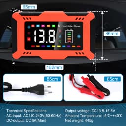 12V 6A Smart Car Battery Charger 9-Stage Automatic Charger 5-in-1 Modes for Car Start-Stop Motorcycle LiFePO4 Batteries with Repair Trickle Charge Temperature Compensation LED Display Safety Protection