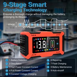 12V 6A Smart Car Battery Charger 9-Stage Automatic Charger 5-in-1 Modes for Car Start-Stop Motorcycle LiFePO4 Batteries with Repair Trickle Charge Temperature Compensation LED Display Safety Protection