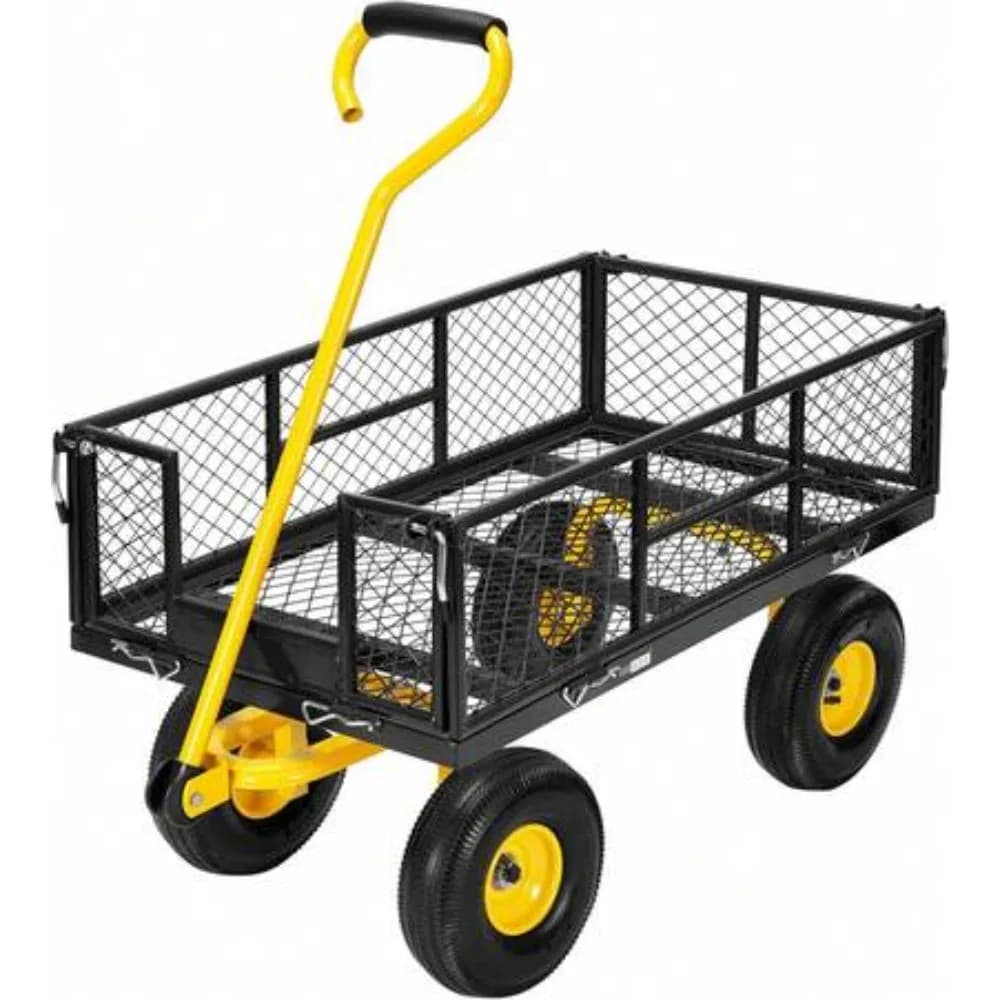 Heavy Duty 880 LBS Capacity Mesh Steel Utility Cart Wagon with Removable 2-in-1 Side Panels, 10 Inch All-Terrain Pneumatic Tires, 180 Degree Adjustable Pull Handle for Garden Yard Farm Camping