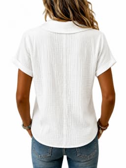 Breathable Crinkle Cotton Linen Blouse for Women, Lapel V‑Neck Short Sleeve Casual Tunic Tops with Pockets, Loose Fit Summer Shirts for Daily Vacation Office Wear
