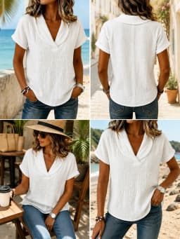 Breathable Crinkle Cotton Linen Blouse for Women, Lapel V‑Neck Short Sleeve Casual Tunic Tops with Pockets, Loose Fit Summer Shirts for Daily Vacation Office Wear