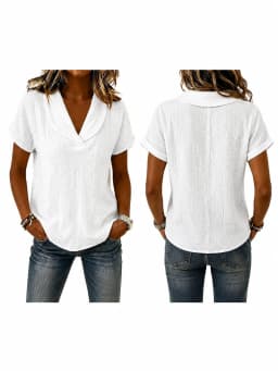 Breathable Crinkle Cotton Linen Blouse for Women, Lapel V‑Neck Short Sleeve Casual Tunic Tops with Pockets, Loose Fit Summer Shirts for Daily Vacation Office Wear