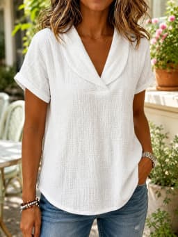 Breathable Crinkle Cotton Linen Blouse for Women, Lapel V‑Neck Short Sleeve Casual Tunic Tops with Pockets, Loose Fit Summer Shirts for Daily Vacation Office Wear