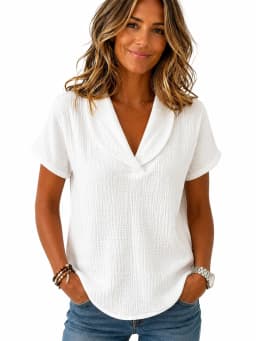 Breathable Crinkle Cotton Linen Blouse for Women, Lapel V‑Neck Short Sleeve Casual Tunic Tops with Pockets, Loose Fit Summer Shirts for Daily Vacation Office Wear