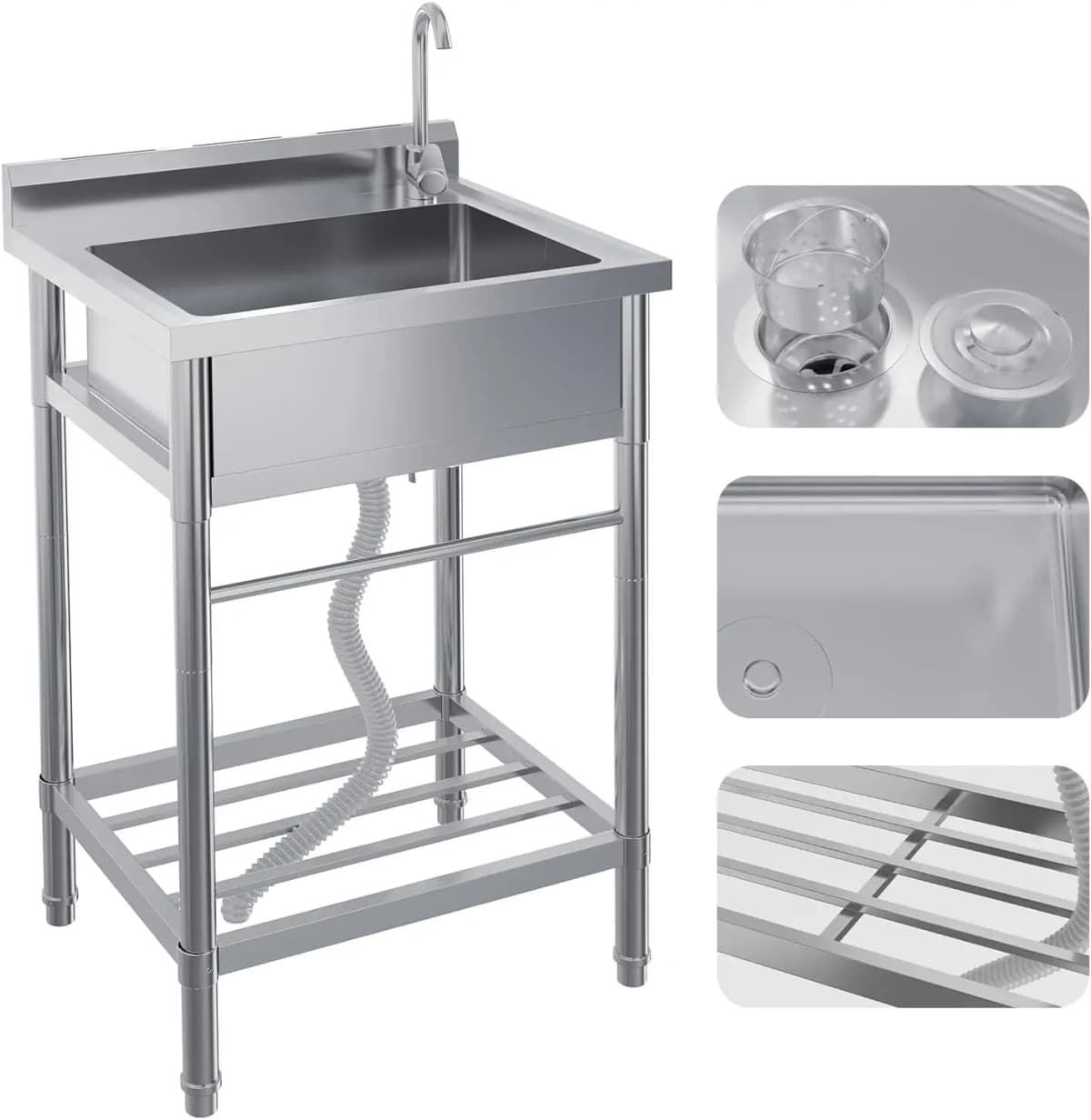 Stainless Steel Simple Wash Basin w/Hot & Cold Faucet Supply Lines Drain Kit Storage Shelf Vegetable Washing Household Single Slot Bracket Dishwasher Kitchen Sink Shelf