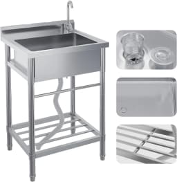 Stainless Steel Simple Wash Basin w/Hot & Cold Faucet Supply Lines Drain Kit Storage Shelf Vegetable Washing Household Single Slot Bracket Dishwasher Kitchen Sink Shelf