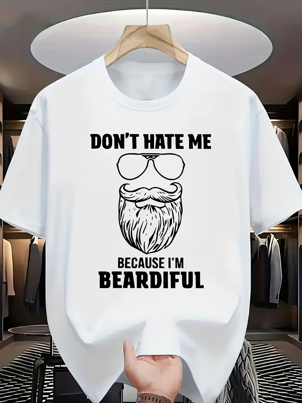 Men's Funny "Don't Hate Me Because I'm Beardiful" T-Shirt - Bearded for Man with Glasses & Mustache Print, Casual Round Neck Short Sleeve Tee, Humorous Gift for Bearded Guys, Machine Washable Summer Apparel