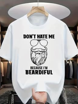 Men's Funny "Don't Hate Me Because I'm Beardiful" T-Shirt - Bearded for Man with Glasses & Mustache Print, Casual Round Neck Short Sleeve Tee, Humorous Gift for Bearded Guys, Machine Washable Summer Apparel