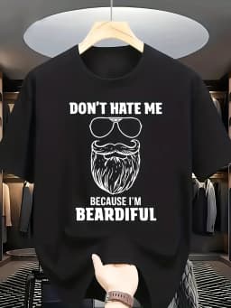Men's Funny "Don't Hate Me Because I'm Beardiful" T-Shirt - Bearded for Man with Glasses & Mustache Print, Casual Round Neck Short Sleeve Tee, Humorous Gift for Bearded Guys, Machine Washable Summer Apparel