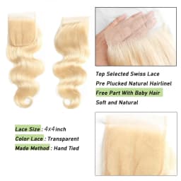 4x4 Hd Lace Closure 613 Blonde Body Wave Brazilian Virgin Human Hair 16Inch Invisible Transparent Lace Pre plucked with baby Hair Natural Hairline Free Part.