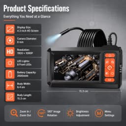 4.3‑Inch IPS Screen Automotive Endoscope Camera, 1080P HD Borescope Inspection Camera with 8 Adjustable LED Lights for Auto Engine Diagnostic Repair