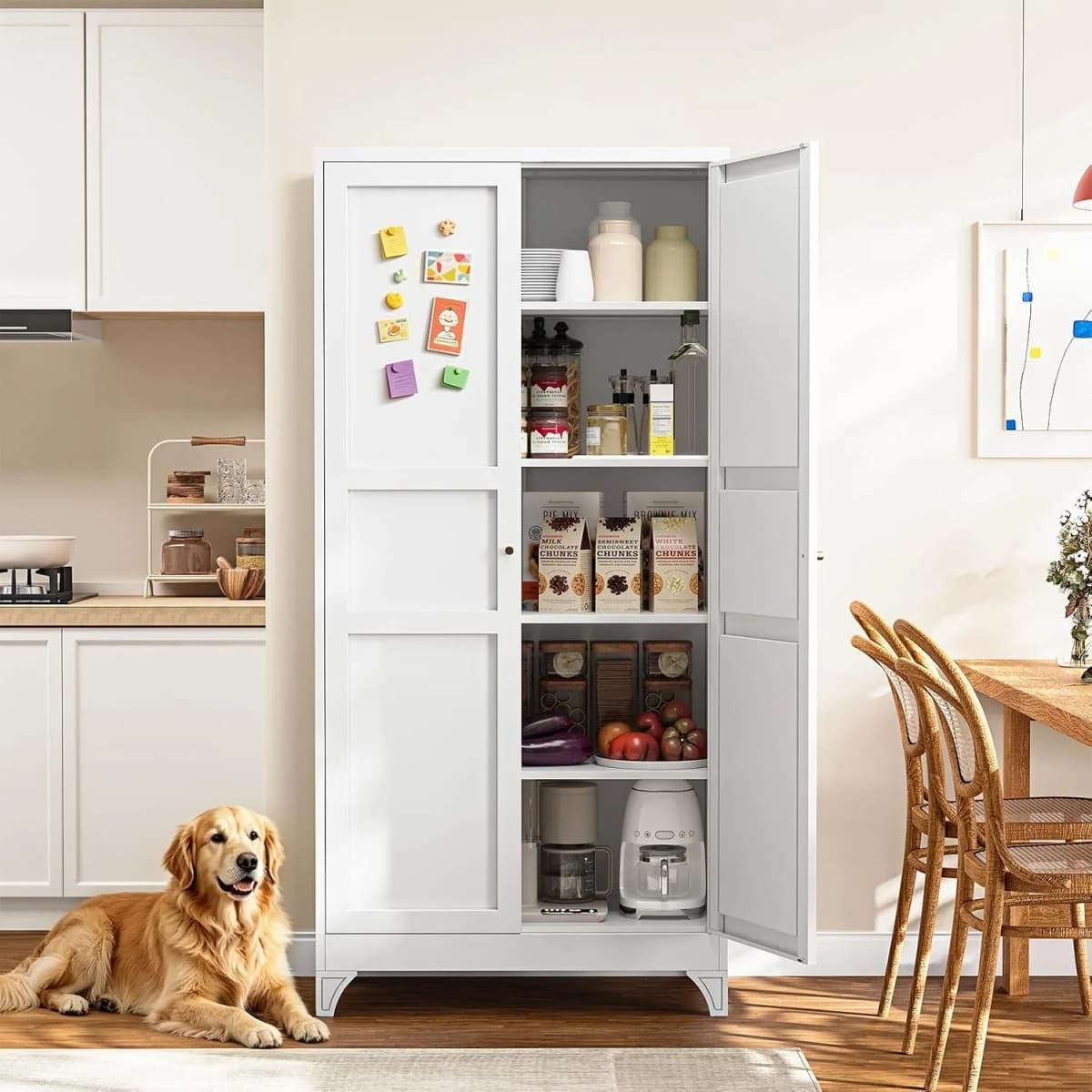 Metal Pantry Cabinet, 75" Kitchen Pantry with 2 Door and 4 Adjustable Shelves,White Metal Pantry Storage Cabinet,Cupboard for Kitchen,Dining Room,Living Room and Bathroom