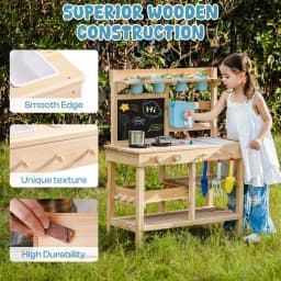 ROBUD Wooden Outdoor Garden Mud Kitchen with Real Water Pump Chalkboard Perfect Backyard Gift for Kids Age 3+