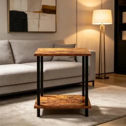 Industrial 2-Tier Side End Table, Rustic Wood Top Black Metal Frame Nightstand, Multifunctional Storage Side Table for Living Room Bedroom Sofa Corner Small Space