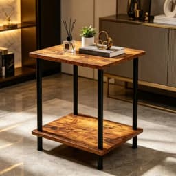 Industrial 2-Tier Side End Table, Rustic Wood Top Black Metal Frame Nightstand, Multifunctional Storage Side Table for Living Room Bedroom Sofa Corner Small Space
