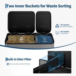 Dual Kitchen Trash Can 13.2 + 5.2 gal (50+20L) Stainless Steel Trash Cans with Soft Close Lid Large Double Garbage and Recycling Bin with 2 Removable Inner Buckets Step-on Metal Garbage Cans Silver