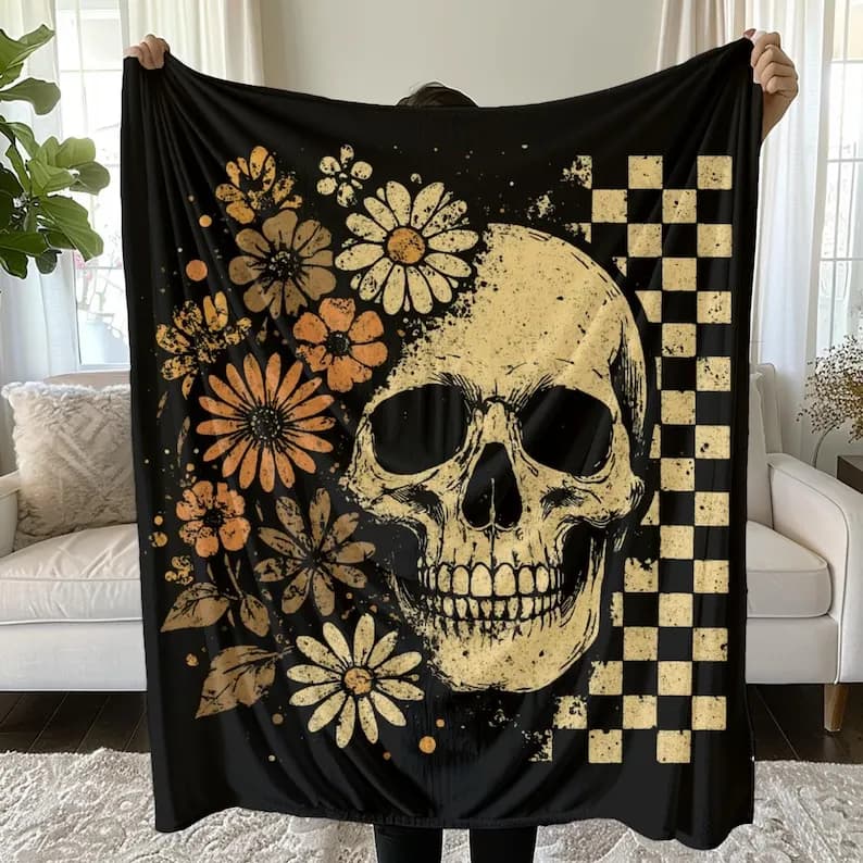 Boho Floral Skull Blanket, Dark Academia Goth Throw, Skull Cozy Fleece Blanket, Vintage Grunge Blanket, Cottagcore Decor, Whimsigoth Decor
