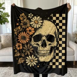Boho Floral Skull Blanket, Dark Academia Goth Throw, Skull Cozy Fleece Blanket, Vintage Grunge Blanket, Cottagcore Decor, Whimsigoth Decor