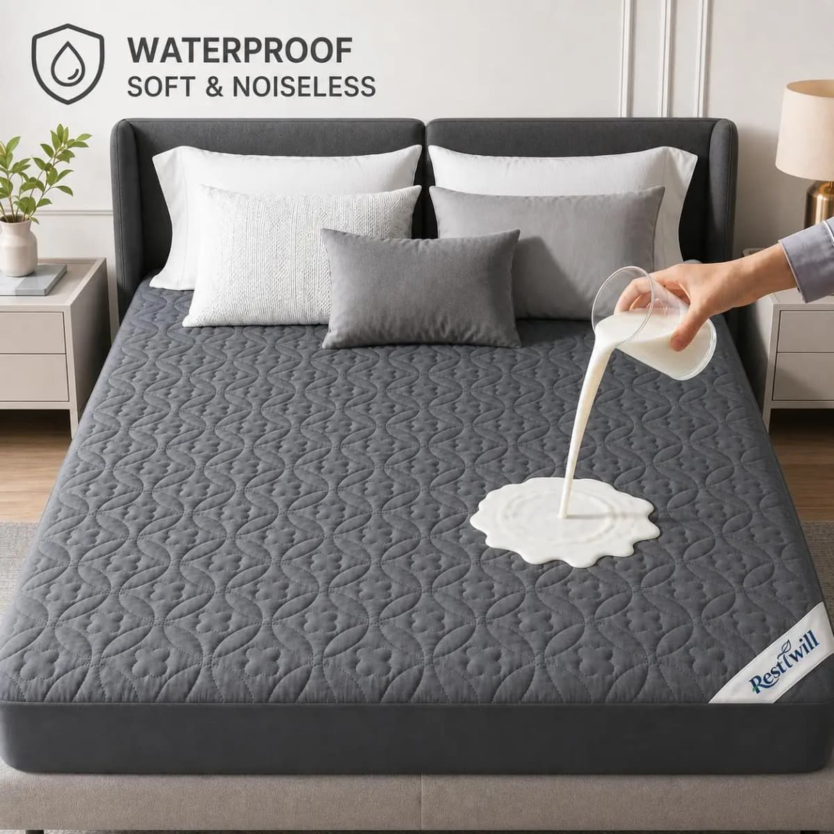100% Waterproof Quilted Mattress Protector Soft Noiseless Breathable Bed Cover Deep Pocket Fitted Mattress Pad Machine Washable Bedding Sheet Twin Full Queen King Size Solid White Gray