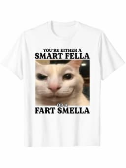 You're Either A Smart Fella Or A Fart Smella Funny Cat Meme T-Shirt Cotton Casual Streetwear Tee Regular Fit Round Neck Short Sleeve All-Season