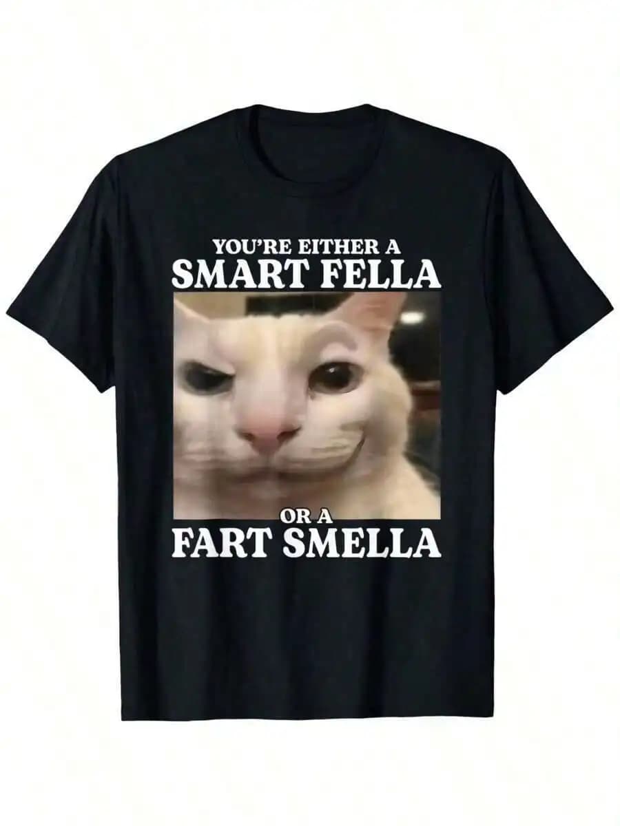 You're Either A Smart Fella Or A Fart Smella Funny Cat Meme T-Shirt Cotton Casual Streetwear Tee Regular Fit Round Neck Short Sleeve All-Season