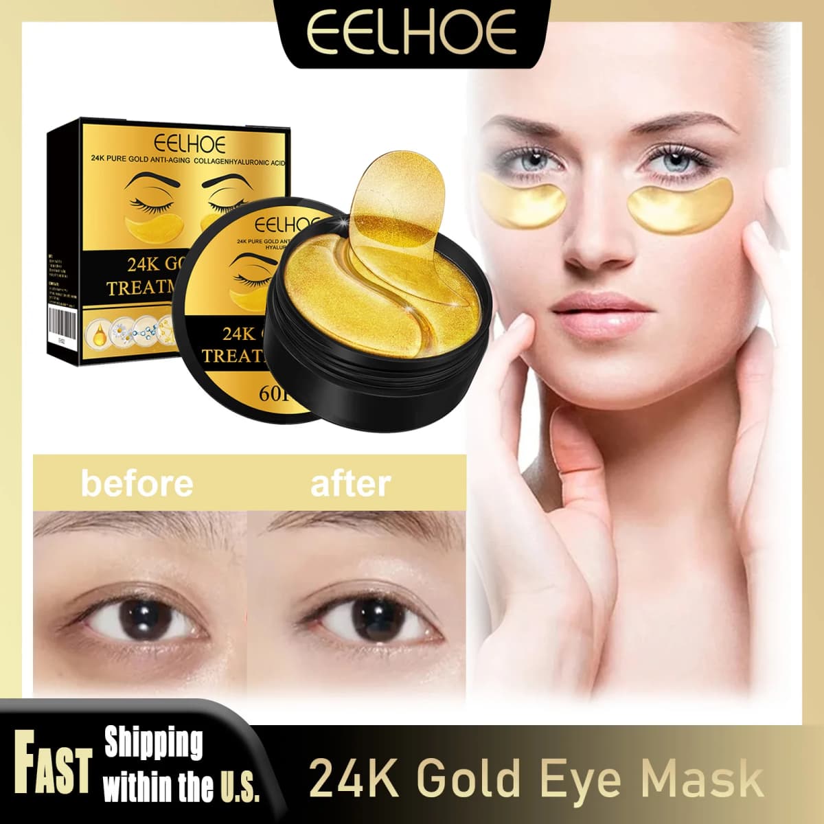 EELHOE 24K Gold Eye Mask Remove Dark Circles Improve Eye Bags Moisturizing Nourish Fade Lines Anti Aging Patches Eye Skin Care