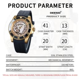 DEESIO Men's Luxury Full Automatic Mechanical Watch - Black &Golden Skeleton Dial Luminous Self-winding Wristwatch with High Hardness Mineral Glass & Soft Silicone RubberBand, 100M Water Resistant Business Casual Sport AnalogRound Face, Gift for Men.