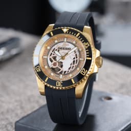 DEESIO Men's Luxury Full Automatic Mechanical Watch - Black &Golden Skeleton Dial Luminous Self-winding Wristwatch with High Hardness Mineral Glass & Soft Silicone RubberBand, 100M Water Resistant Business Casual Sport AnalogRound Face, Gift for Men.