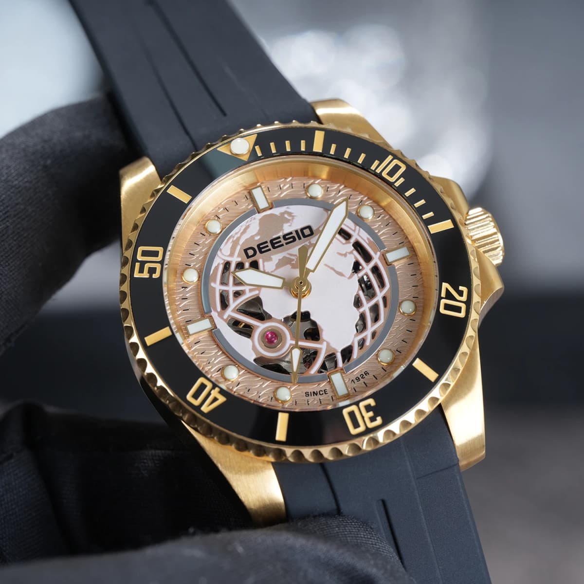 DEESIO Men's Luxury Full Automatic Mechanical Watch - Black &Golden Skeleton Dial Luminous Self-winding Wristwatch with High Hardness Mineral Glass & Soft Silicone RubberBand, 100M Water Resistant Business Casual Sport AnalogRound Face, Gift for Men.