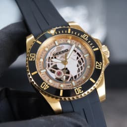 DEESIO Men's Luxury Full Automatic Mechanical Watch - Black &Golden Skeleton Dial Luminous Self-winding Wristwatch with High Hardness Mineral Glass & Soft Silicone RubberBand, 100M Water Resistant Business Casual Sport AnalogRound Face, Gift for Men.