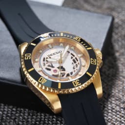 DEESIO Men's Luxury Full Automatic Mechanical Watch - Black &Golden Skeleton Dial Luminous Self-winding Wristwatch with High Hardness Mineral Glass & Soft Silicone RubberBand, 100M Water Resistant Business Casual Sport AnalogRound Face, Gift for Men.
