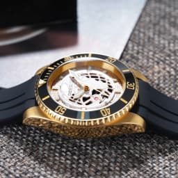 DEESIO Men's Luxury Full Automatic Mechanical Watch - Black &Golden Skeleton Dial Luminous Self-winding Wristwatch with High Hardness Mineral Glass & Soft Silicone RubberBand, 100M Water Resistant Business Casual Sport AnalogRound Face, Gift for Men.