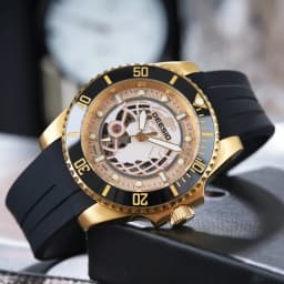 DEESIO Men's Luxury Full Automatic Mechanical Watch - Black &Golden Skeleton Dial Luminous Self-winding Wristwatch with High Hardness Mineral Glass & Soft Silicone RubberBand, 100M Water Resistant Business Casual Sport AnalogRound Face, Gift for Men.