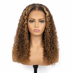 TIMOPOL 13x4 Lace Front Wig 16 Inch Jerry Curly P4/27 Highlight Human Hair, Glueless Pre Plucked Hairline with Baby Hair Curly Lace Frontal Wig for Black Women Daily Party