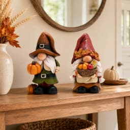 Hodao Resin Fall Gnome Figurine Set, 2-Piece Thanksgiving Gnome Figure Model with Pumpkin, Harvest Basket, Autumn Leaves and White Beard, Collectible Tabletop Shelf Sitter Decor for Fireplace Mantel Tiered Tray Home Display, Rustic Farmhouse Holiday Gift