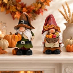Hodao Resin Fall Gnome Figurine Set, 2-Piece Thanksgiving Gnome Figure Model with Pumpkin, Harvest Basket, Autumn Leaves and White Beard, Collectible Tabletop Shelf Sitter Decor for Fireplace Mantel Tiered Tray Home Display, Rustic Farmhouse Holiday Gift