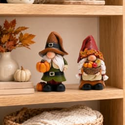 Hodao Resin Fall Gnome Figurine Set, 2-Piece Thanksgiving Gnome Figure Model with Pumpkin, Harvest Basket, Autumn Leaves and White Beard, Collectible Tabletop Shelf Sitter Decor for Fireplace Mantel Tiered Tray Home Display, Rustic Farmhouse Holiday Gift