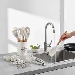 Zoyiancy 33-Piece White Silicone Kitchen Utensil Set with Natural Wood Handles, Nonstick Cooking Tools Holder and Measuring Spoons Cups Accessories