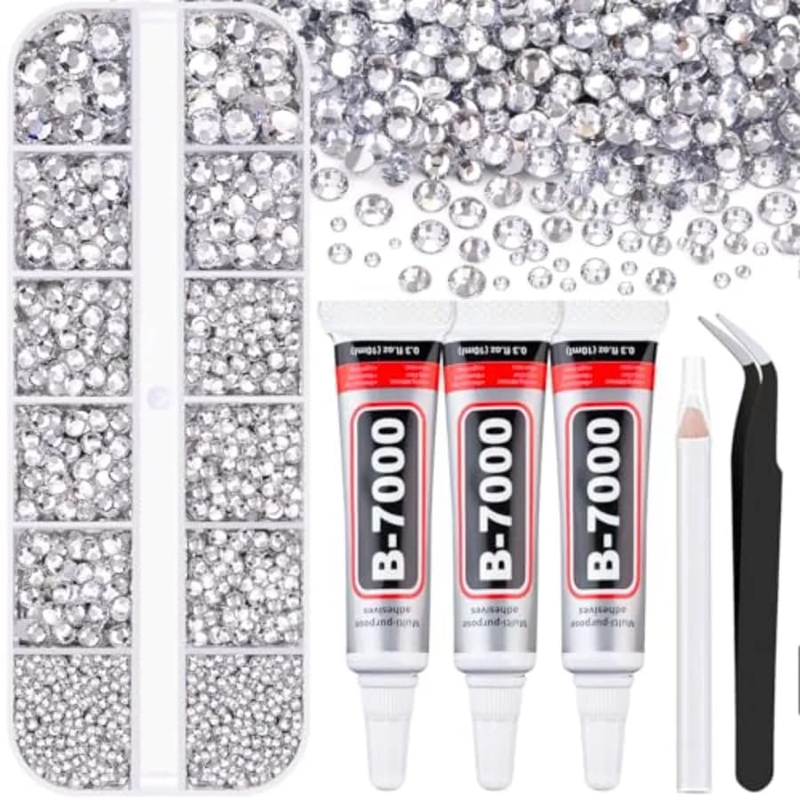 Resin Rhinestones for Crafting with B7000 Jewelry Glue, 1 Box Clear Flatback Crystals with 3Pcs 10ml Glue for Bedazzling Crafts