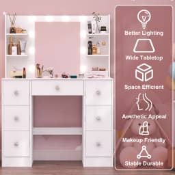 White Modern Vanity Dressing Table Set, Makeup Vanity Desk with 3 Color Adjustable LED Light Mirror, 7 Drawers Storage Cosmetic Dresser for Women Bedroom Home Furniture