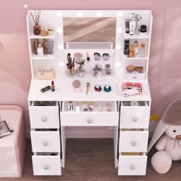 White Modern Vanity Dressing Table Set, Makeup Vanity Desk with 3 Color Adjustable LED Light Mirror, 7 Drawers Storage Cosmetic Dresser for Women Bedroom Home Furniture
