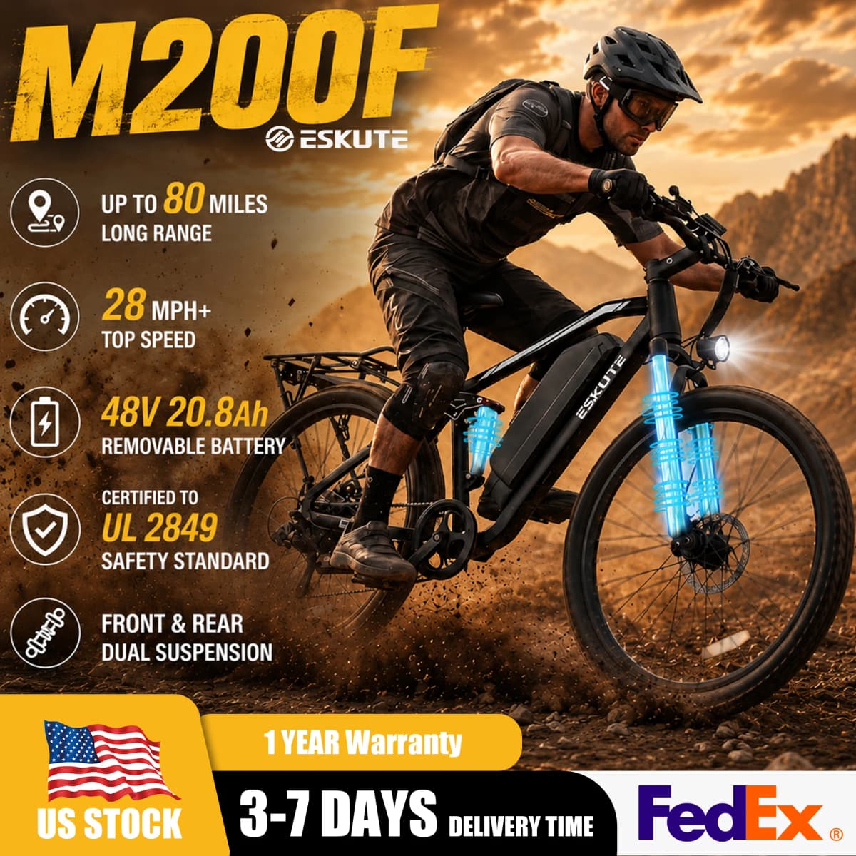 ESKUTE M200F Electric Bike for Adults – 27.5 inch Tire Mountain E-Bike, Brushless Motor, 48V 20.8Ah Removable Battery, Up to 80 Miles, Step Over Commuter E-MTB, Full Suspensions