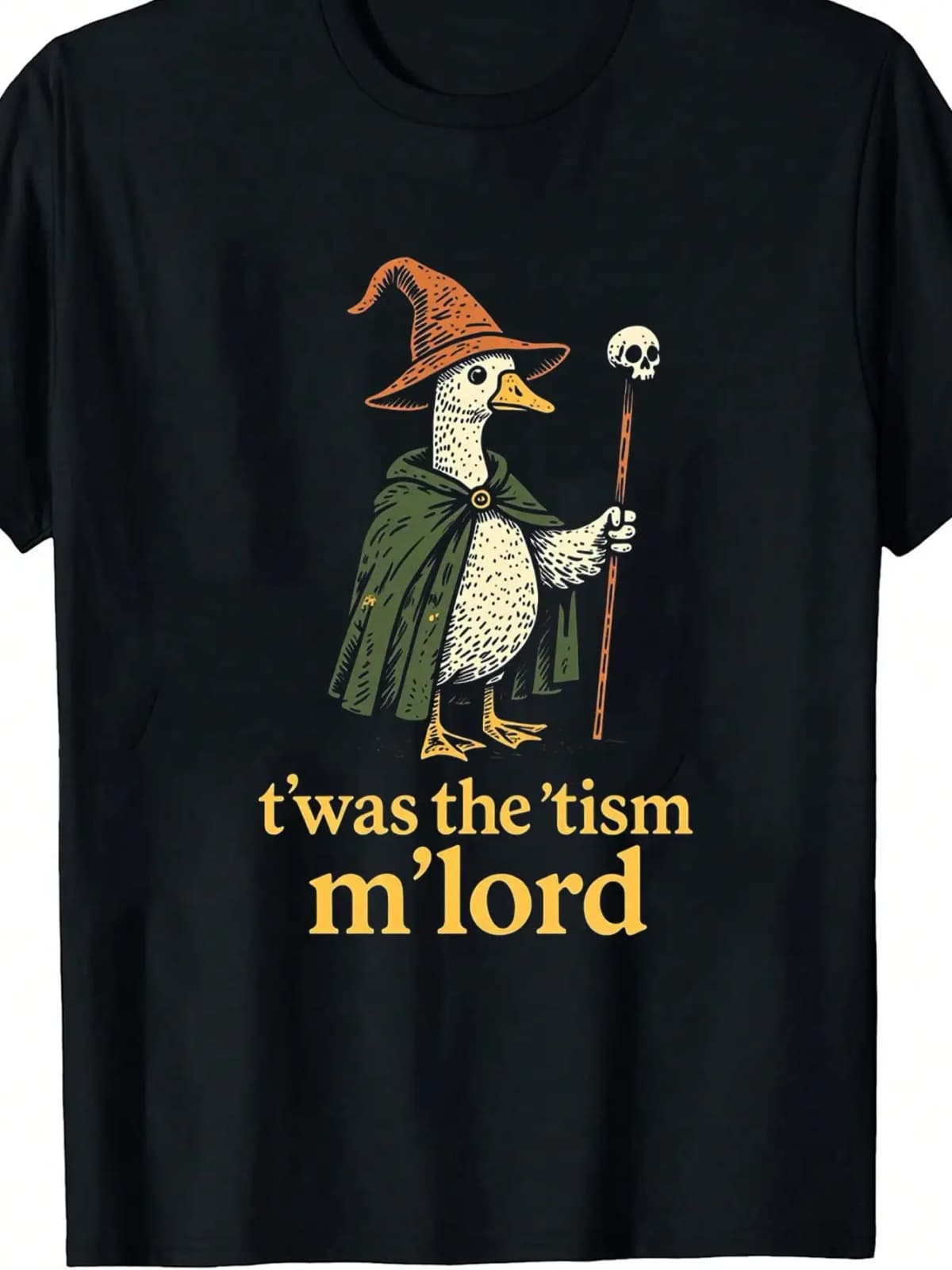 1pc Men's Wizard Goose Print Black TShirt, Crew Neck, Casual Cotton Tee Medium Stretch Knit Fabric, Men's Regular Fit Halloween, Size